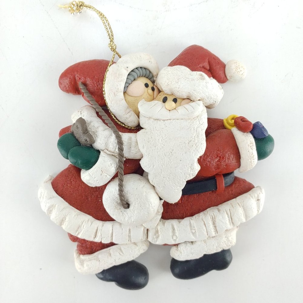 Mrs. Clause Kissing Santa Clause Clay Christmas Ornament 4" Holiday Decoration
